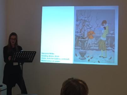 Lunchtime talk on the Tillotson Hyde Collection of Drawings and Illustrations at York Art Gallery, with Marjorie Miller's 'Feeding Winter Birds' on the slide